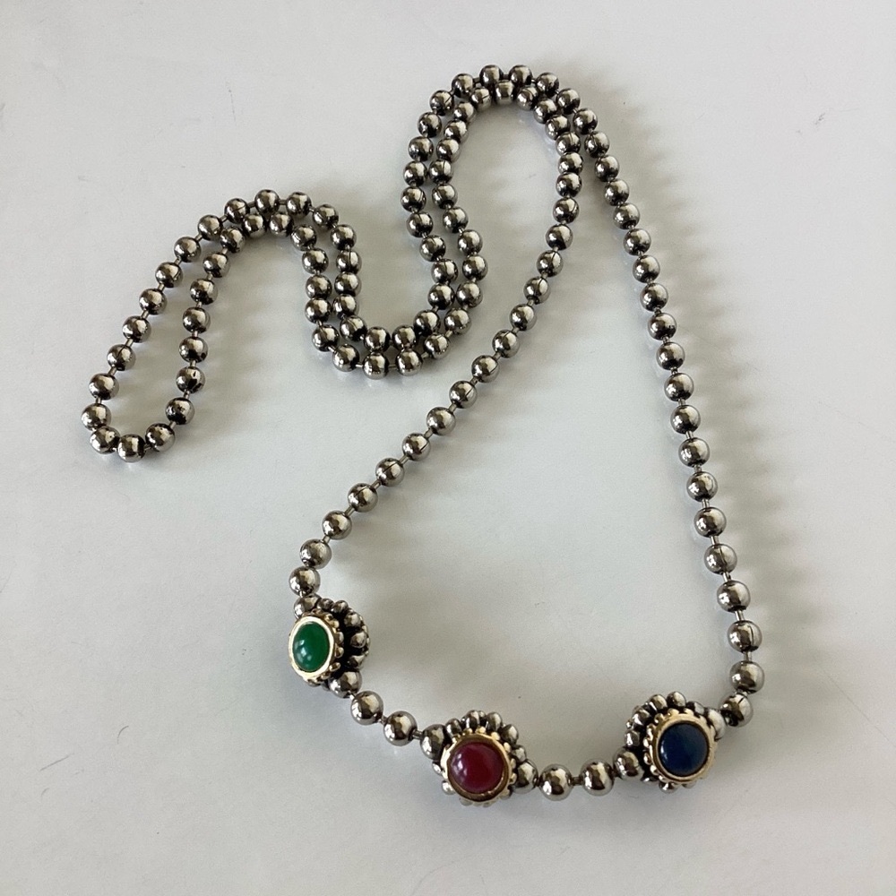 Gripoix Style Silver Tone Bead Ball Chain Multicolor 3 Ball Pendant 18" Necklace - Picture 2 of 16
